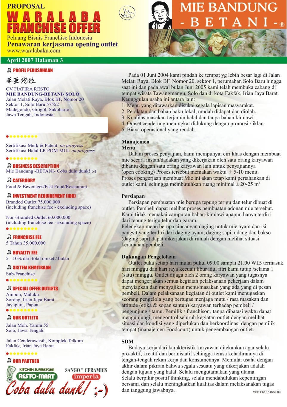 3 franchise waralaba mie bandung betani