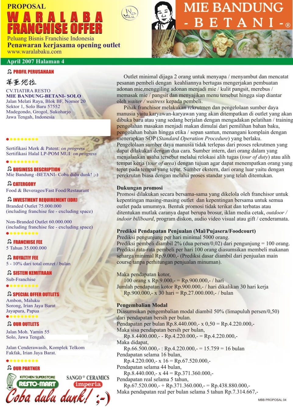4 franchise waralaba mie bandung betani