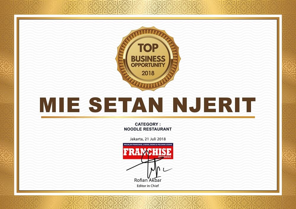 foto piagam Mie Setan Njerit majalah franchise indonesia